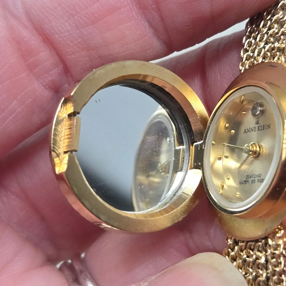 Anne Klein Diamond Secret Watch Gold Tone Mesh Bracelet Fliptop Braided Bracelet